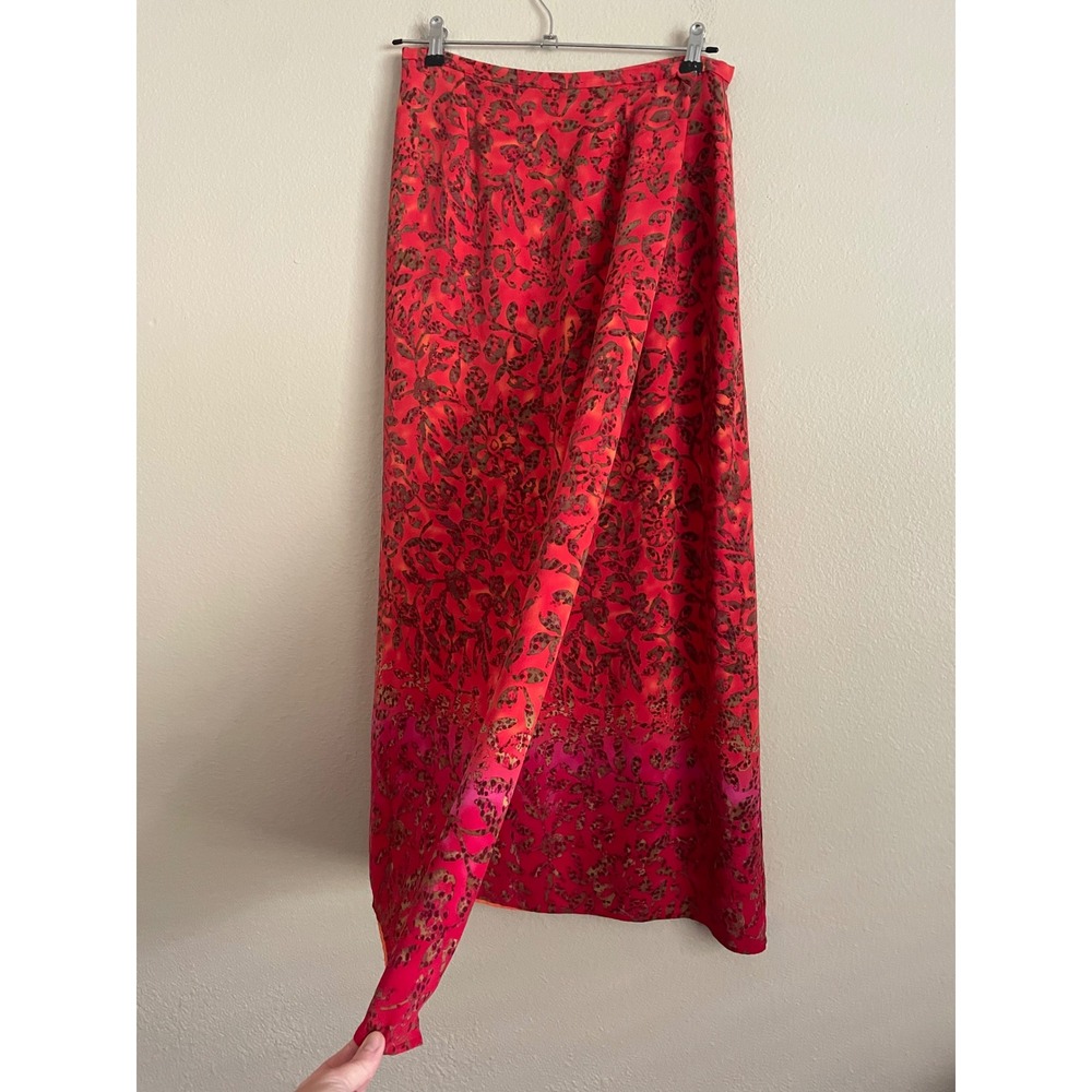 VTG Artsy Leaf Print Red Orange Silk Wrap Maxi Skirt Lagenlook Earthy Boho 8